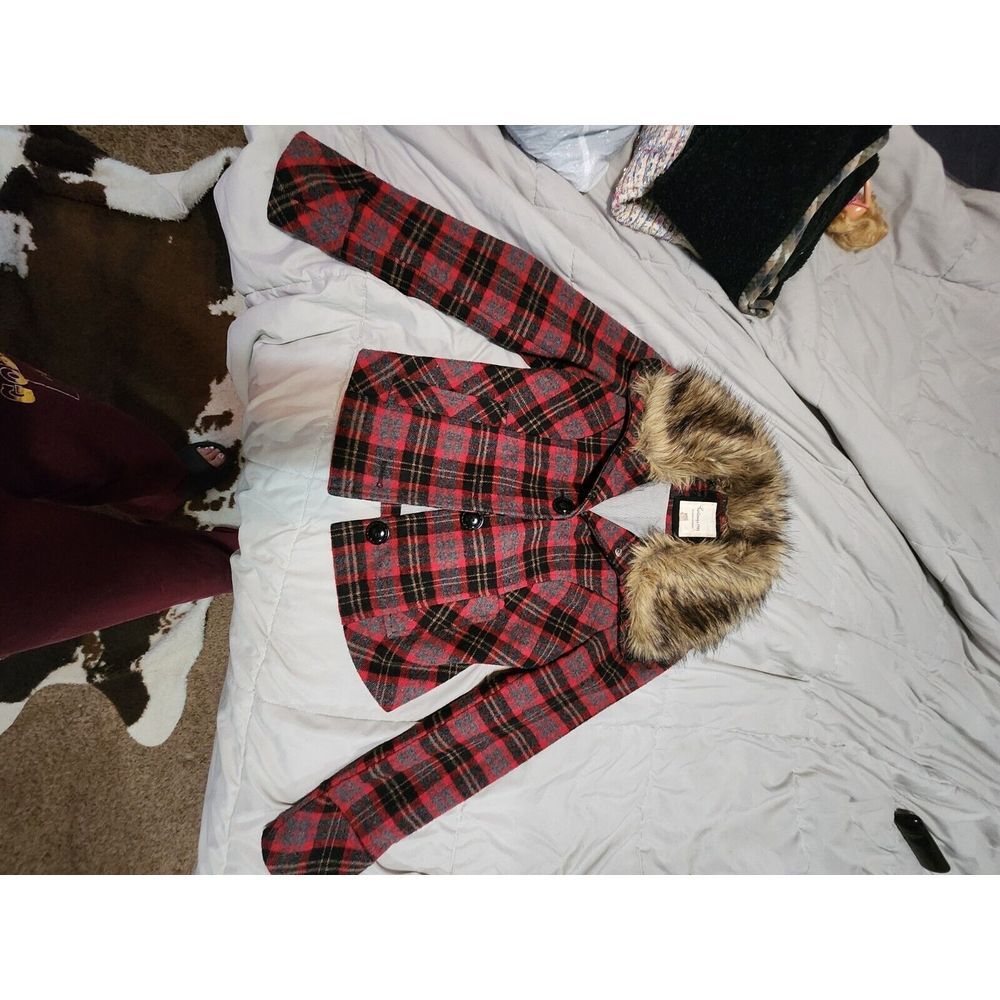 Heritage 1981 Women's Wool Fur Lined Red Plaid Coat Size Medium